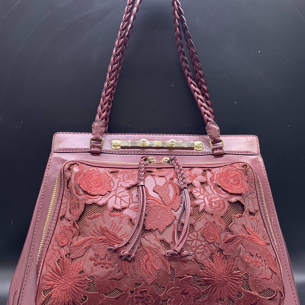AUTHENTIC VALENTINO GARAVANI BURGUNDY LEATHER LARGE LACE TOTE DEMETRA BAG
